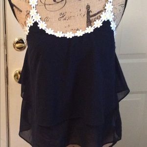 YA LOS ANGELES NAVY w/DAISY TRIM SILK/POLY TOP  L